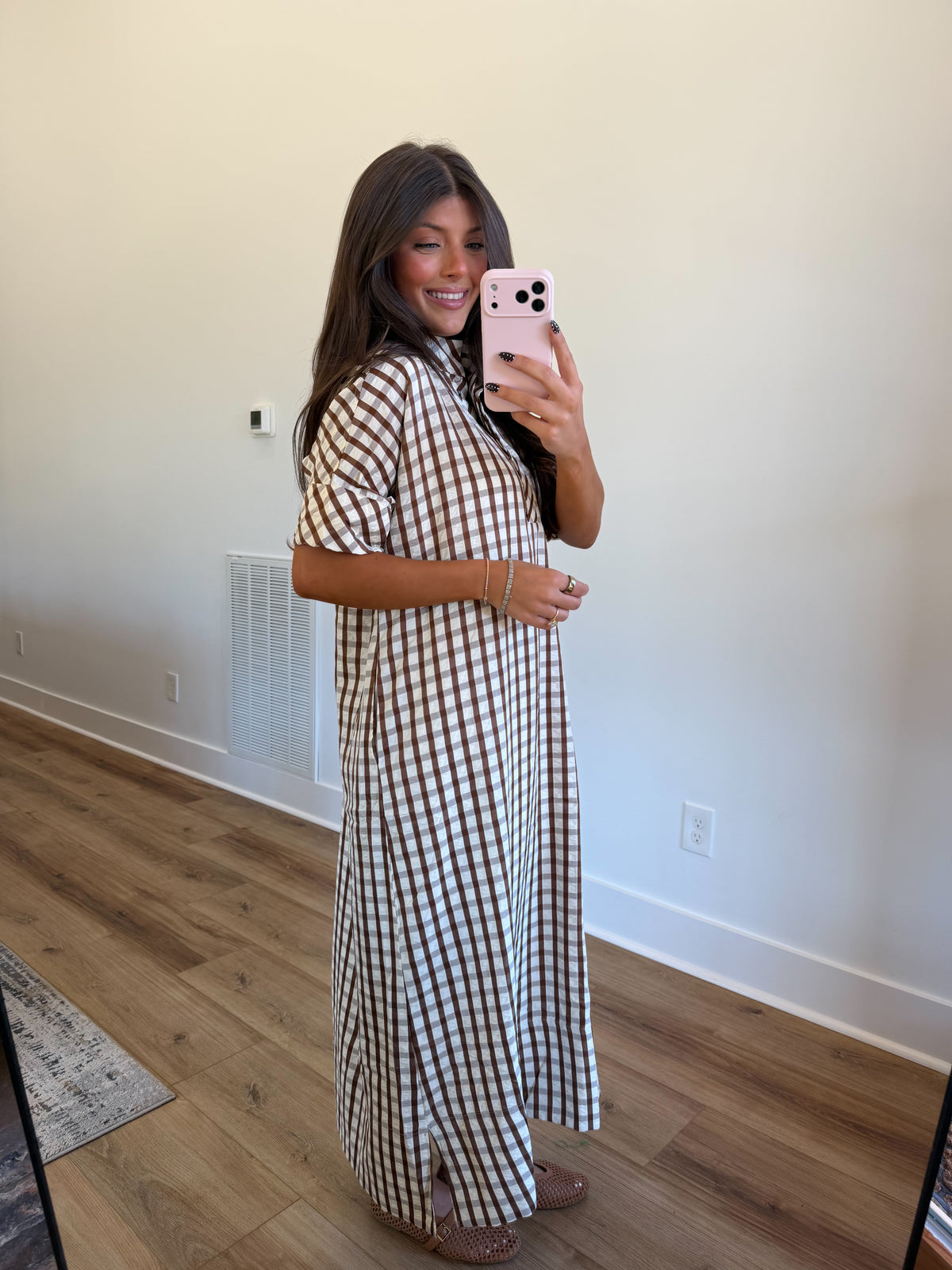 Southern Charm Gingham Midi Dress (Brown)