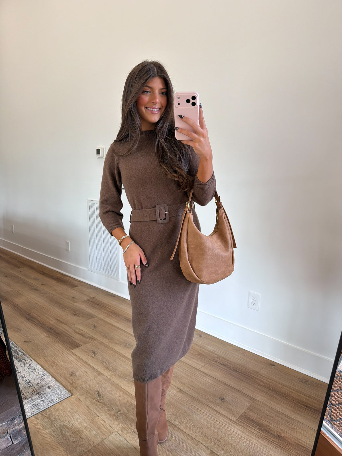 Timeless Belted Midi Dress (Brown)