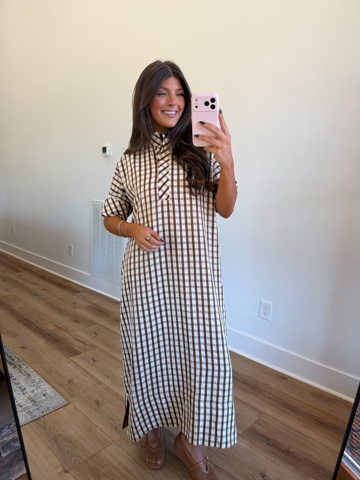 Southern Charm Gingham Midi Dress (Brown)