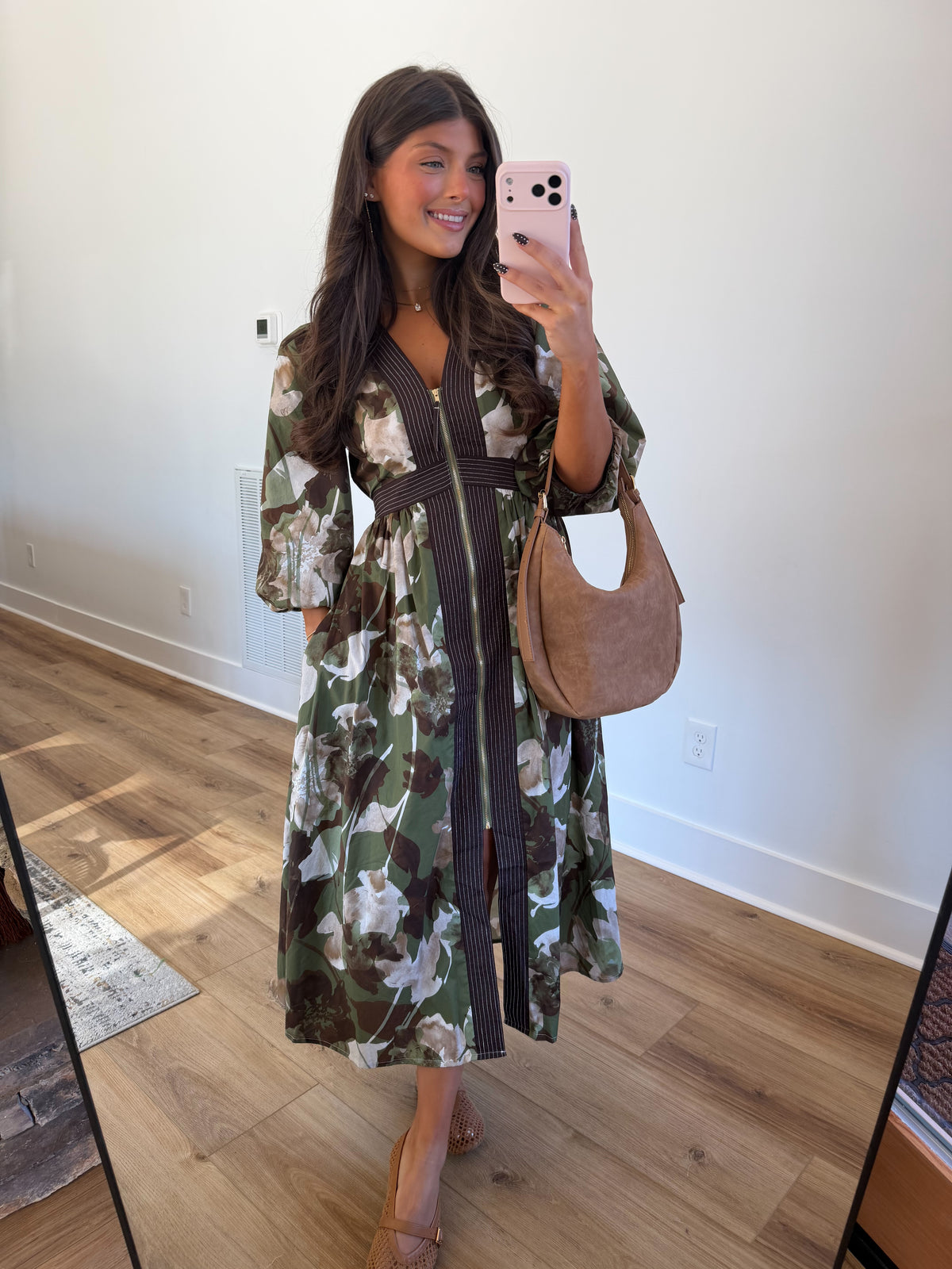 Autumn Bloom Zip Midi Dress (Green)