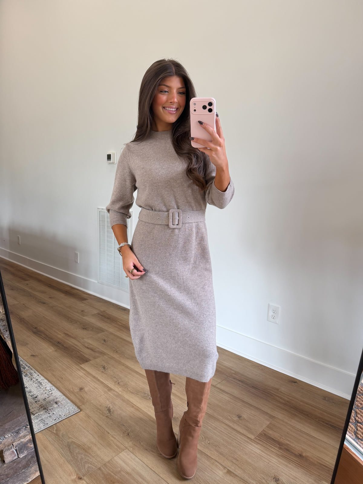 Timeless Belted Midi Dress (Beige)