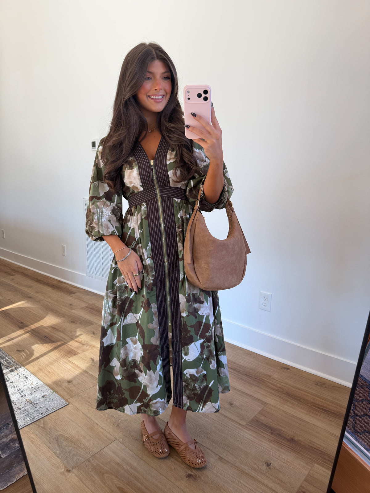 Autumn Bloom Zip Midi Dress (Green)