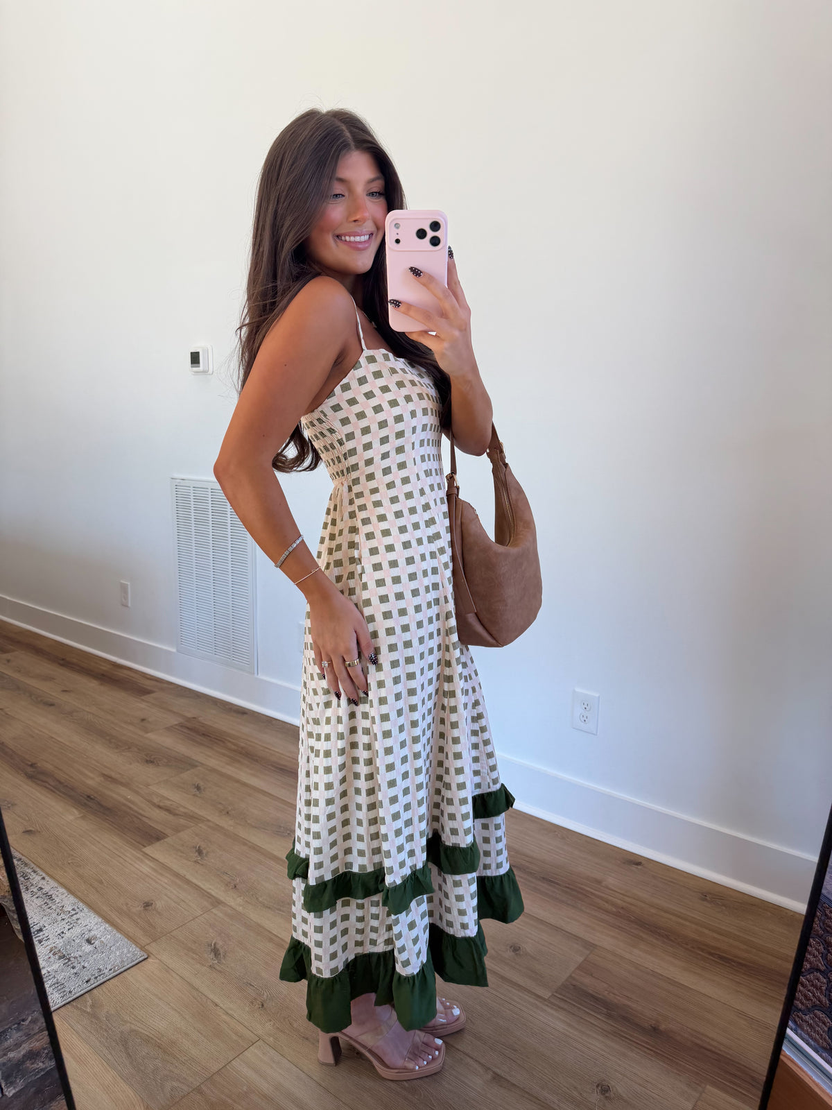 Pink & Green Gingham Midi Dress