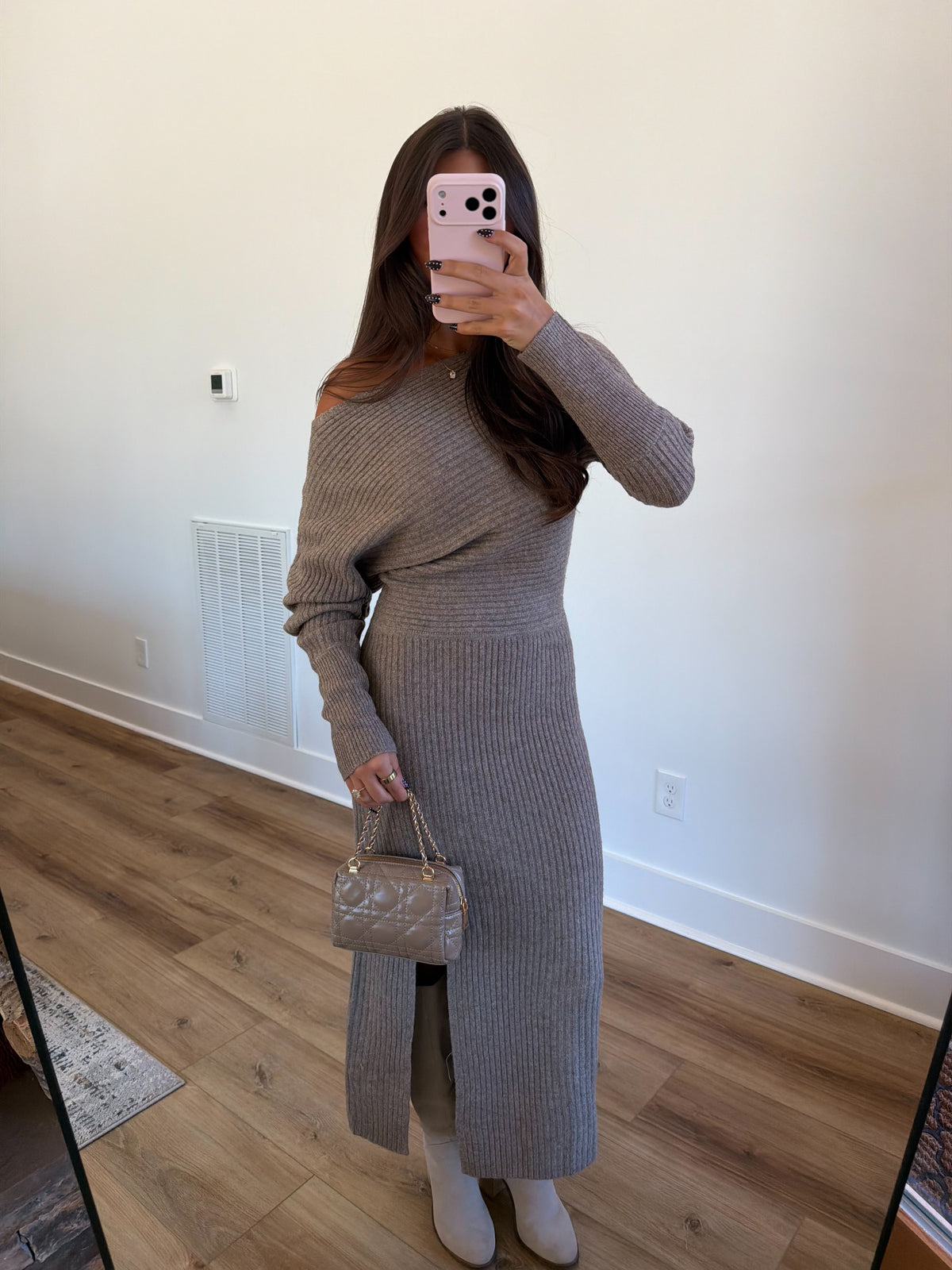 Taupe Ribbed Sweater Maxi Dress