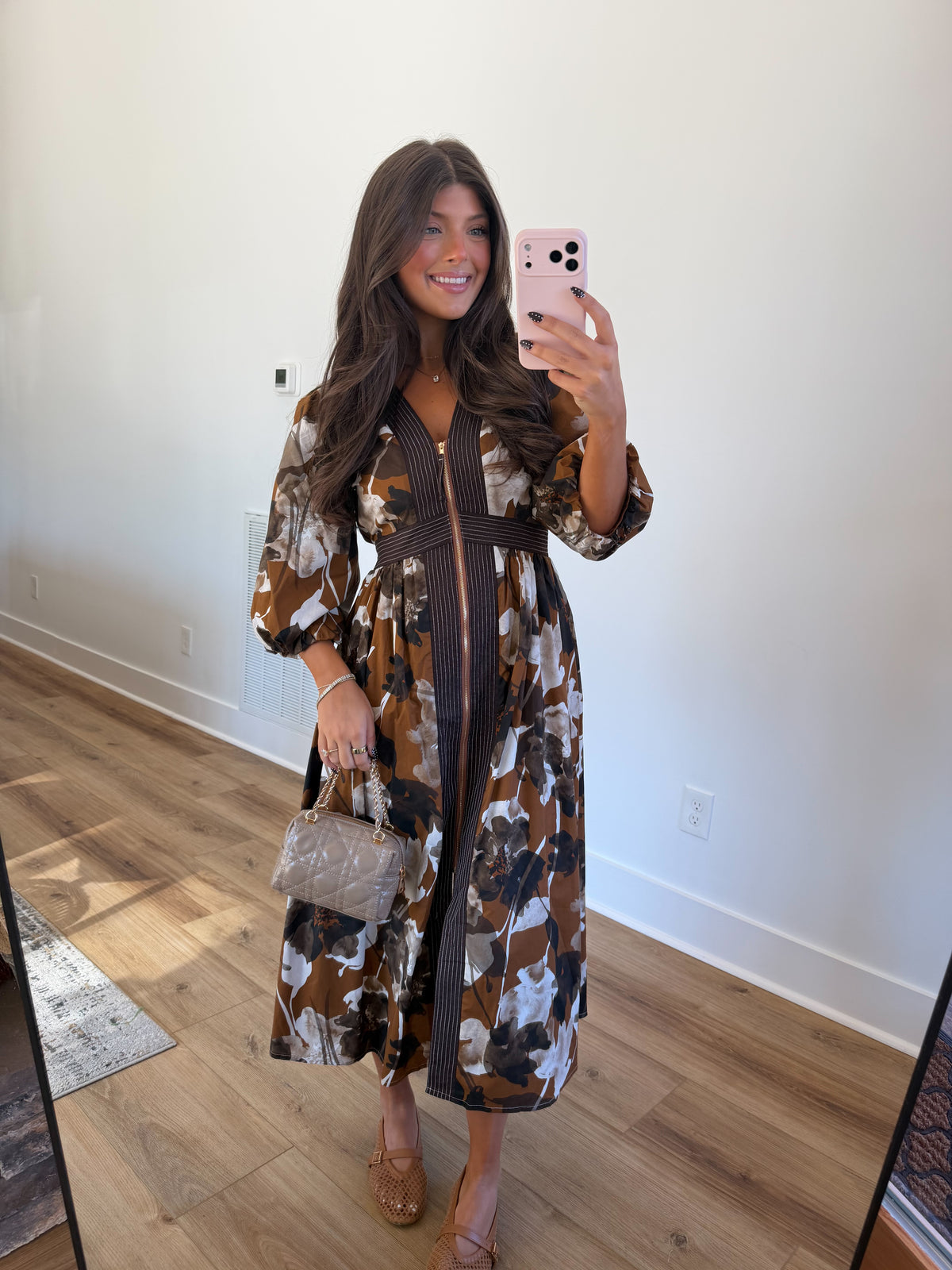 Autumn Bloom Zip Midi Dress (Caramel)