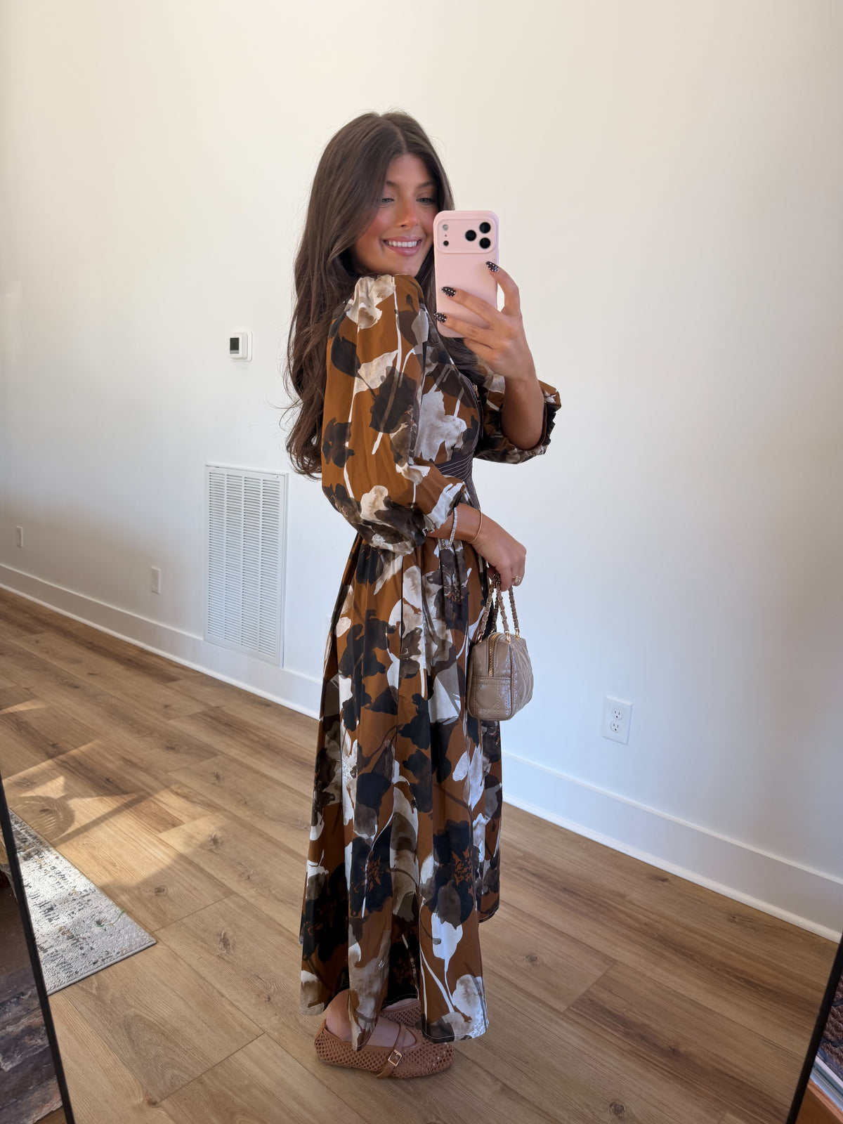 Autumn Bloom Zip Midi Dress (Caramel)