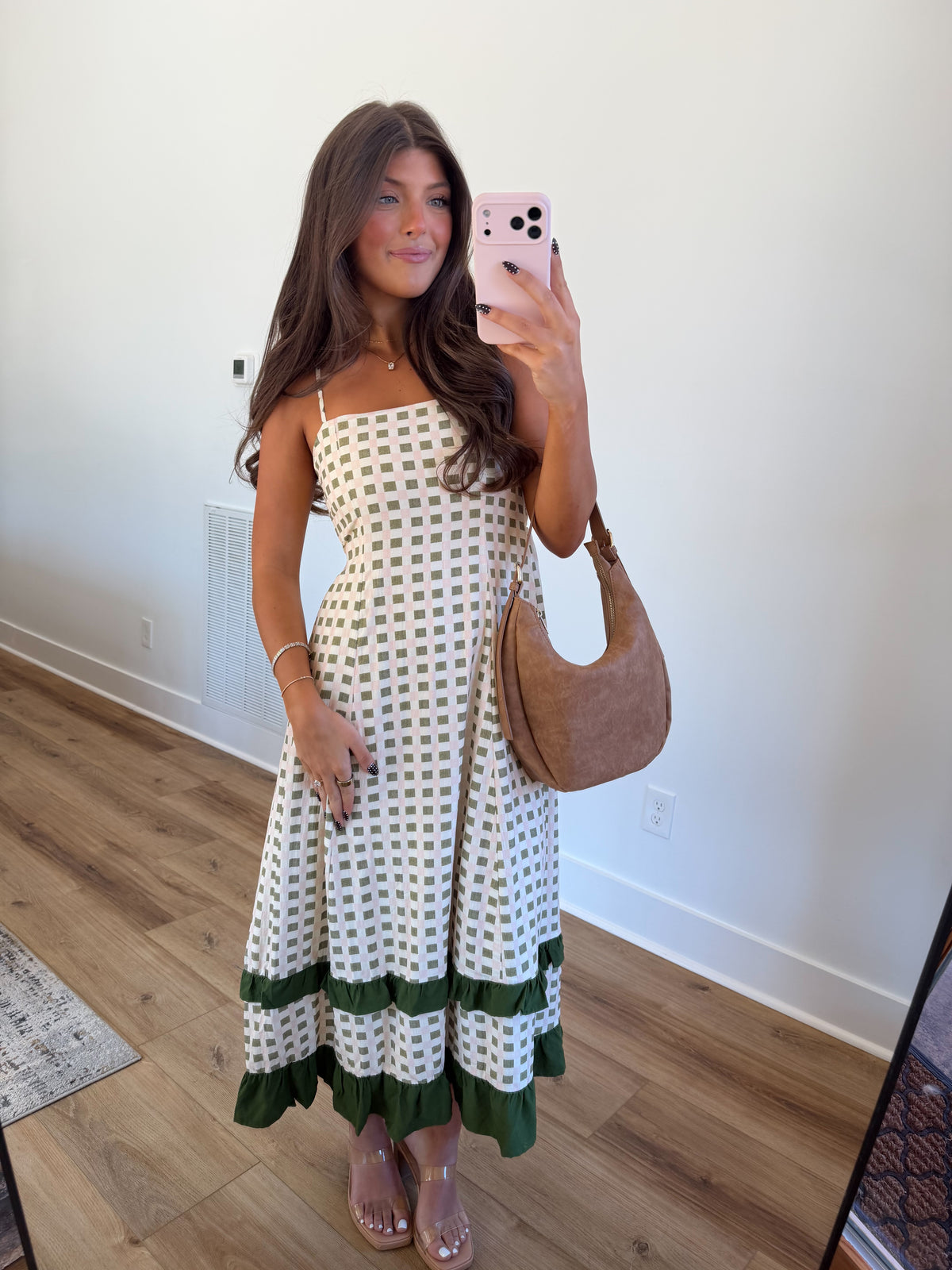 Pink & Green Gingham Midi Dress