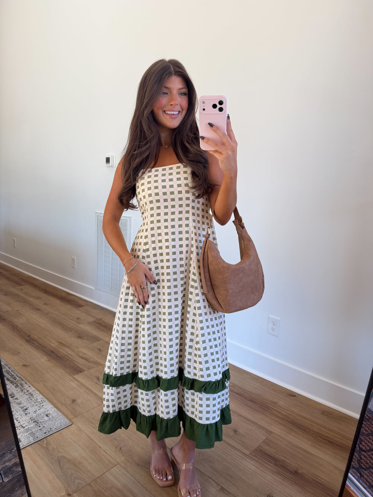 Pink & Green Gingham Midi Dress