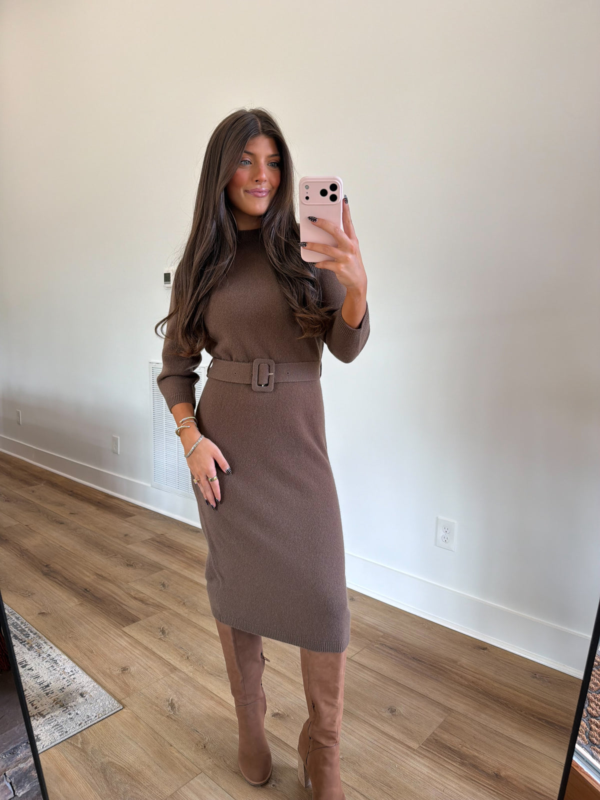 Timeless Belted Midi Dress (Brown)