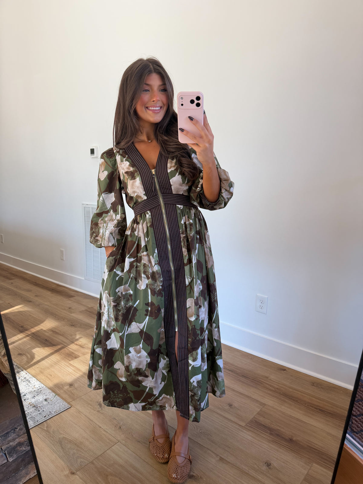 Autumn Bloom Zip Midi Dress (Green)