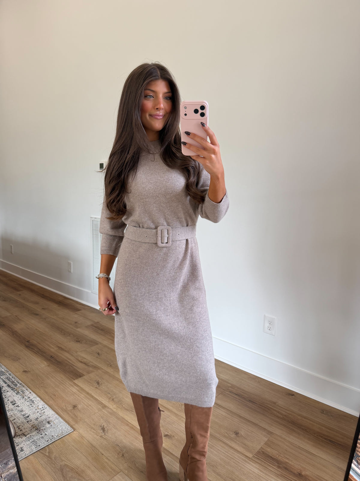Timeless Belted Midi Dress (Beige)