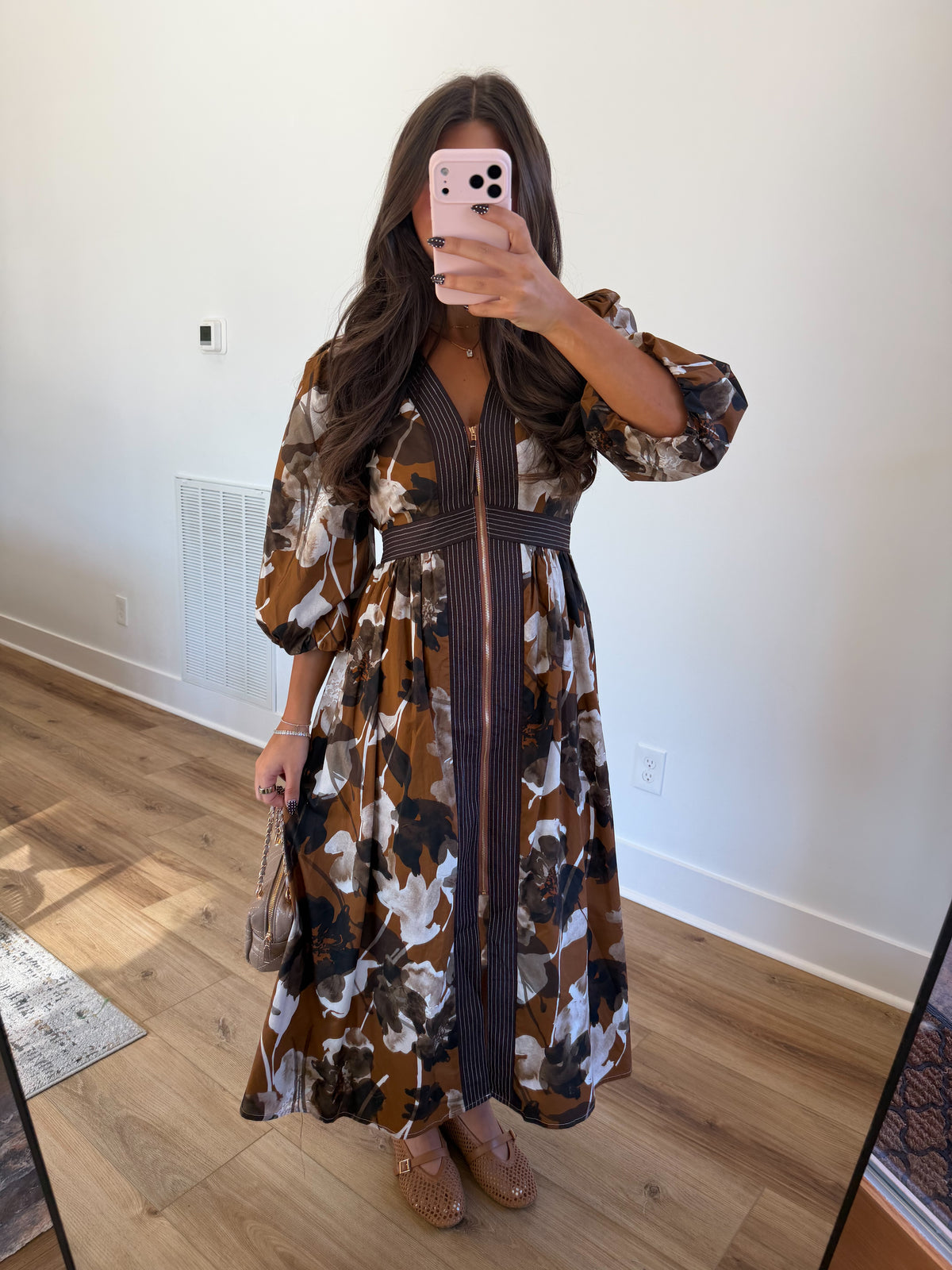 Autumn Bloom Zip Midi Dress (Caramel)