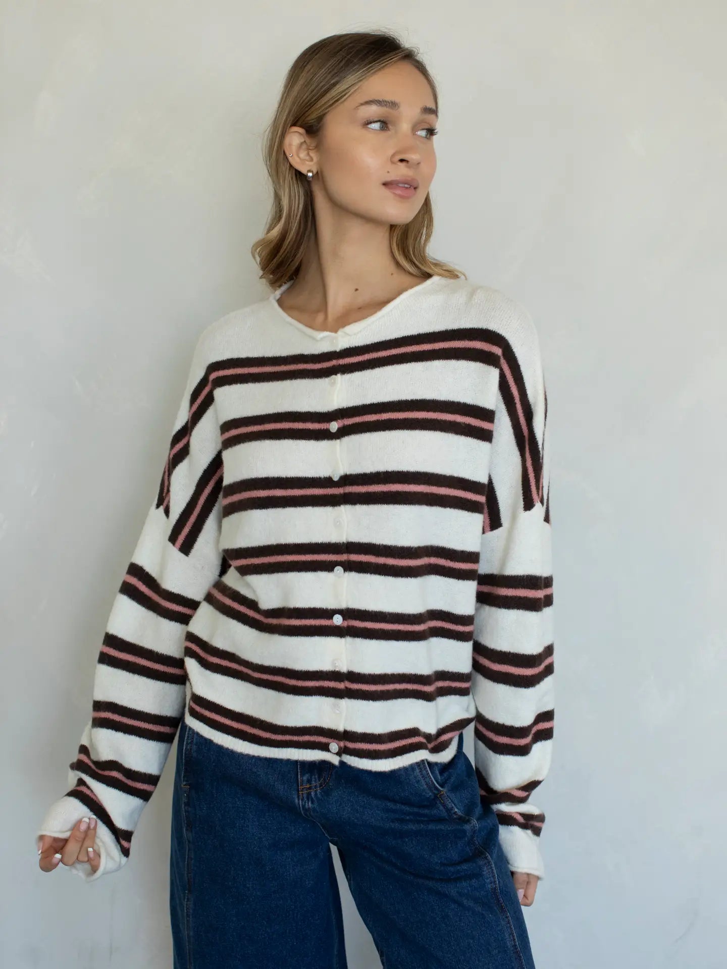 The Stripe Cardigan (Cream/Brown/Pink)
