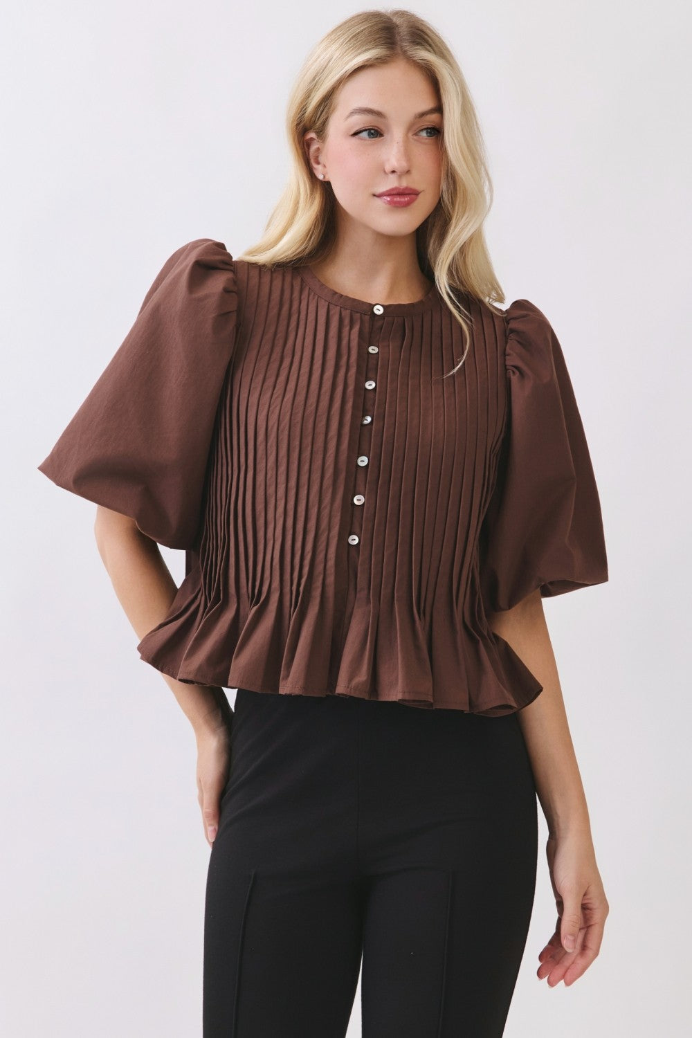 Puff Sleeve Pleated Peplum Top (Brown)