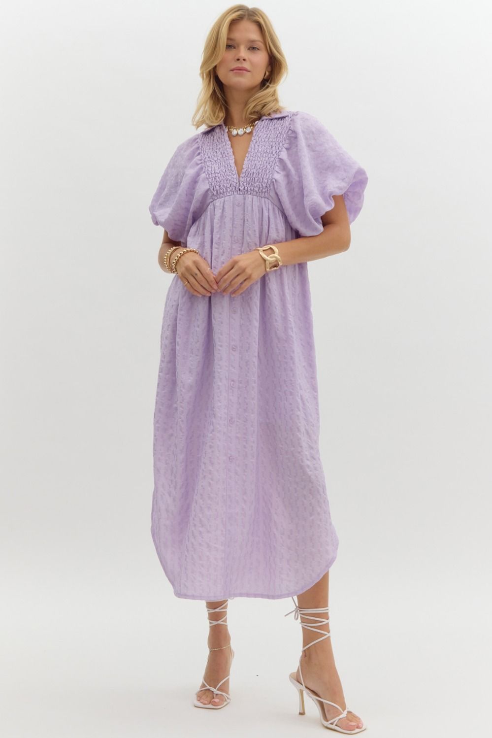 Lavender Puff Sleeve Midi Dress