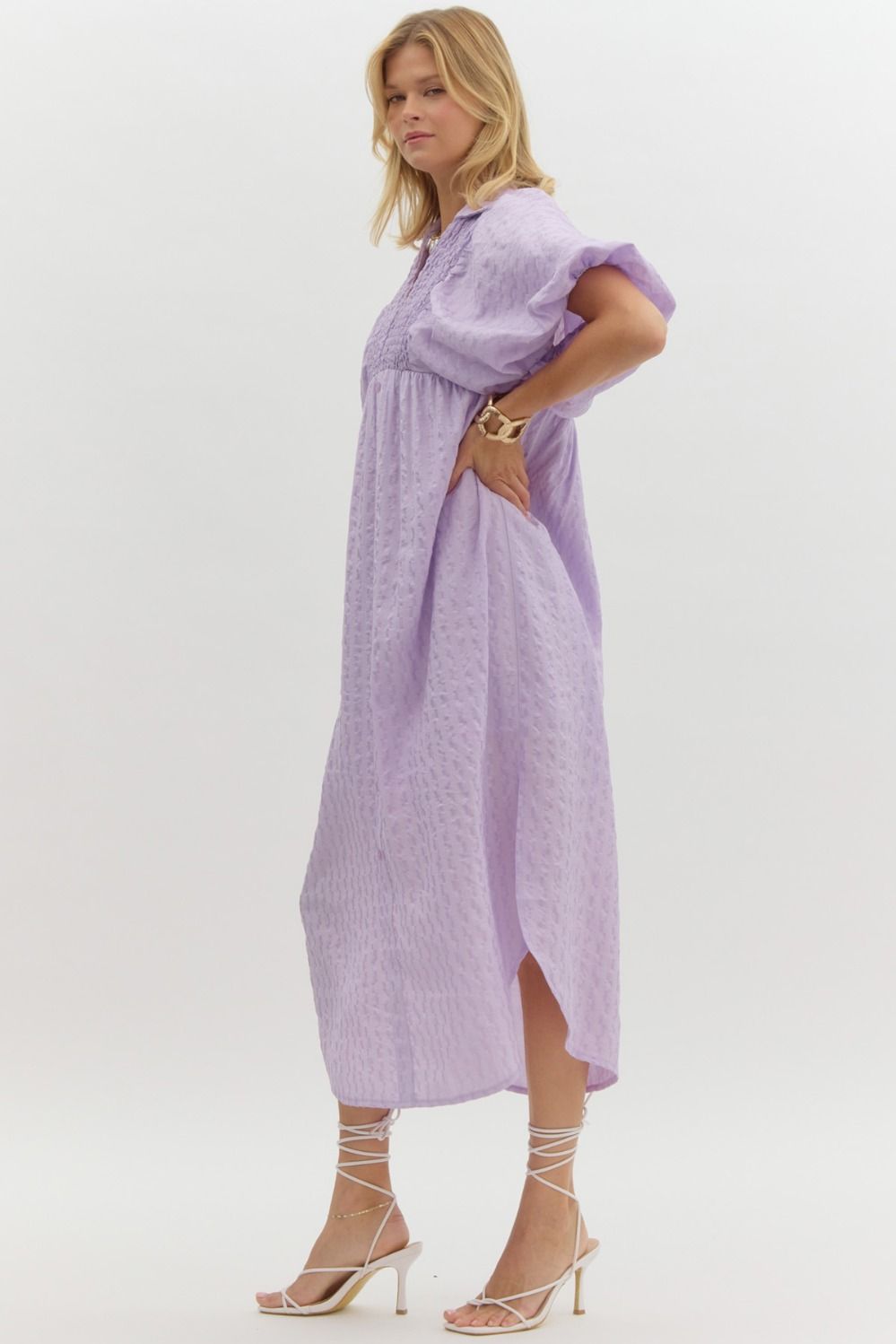 Lavender Puff Sleeve Midi Dress