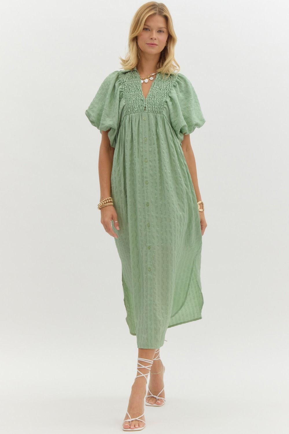 Sage Puff Sleeve Midi Dress