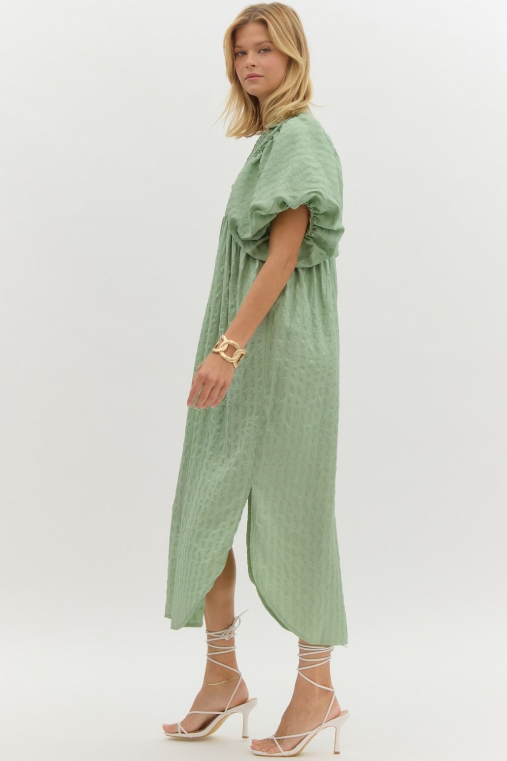 Sage Puff Sleeve Midi Dress