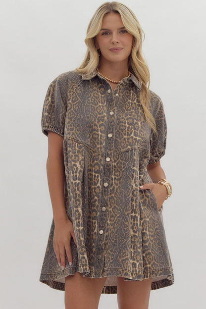 Cheetah Bubble Sleeve Button Up Dress