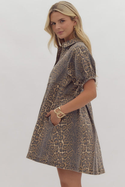 Cheetah Bubble Sleeve Button Up Dress