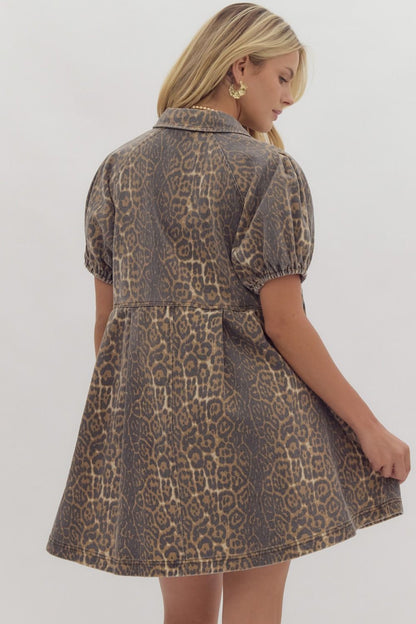 Cheetah Bubble Sleeve Button Up Dress