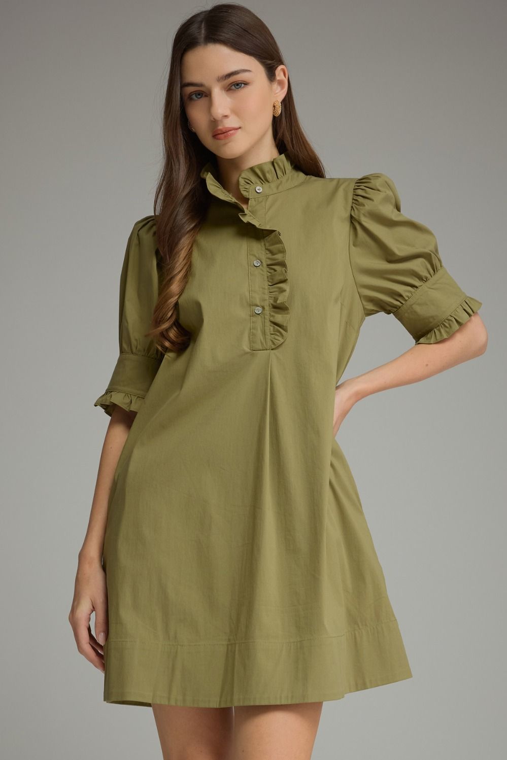 Olive Green Ruffle Collar Mini Dress