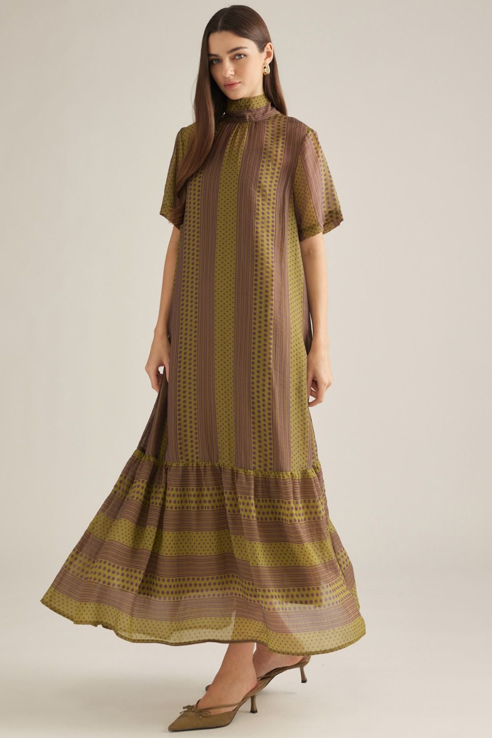 Olive & Brown Printed Mock Neck Maxi Dress