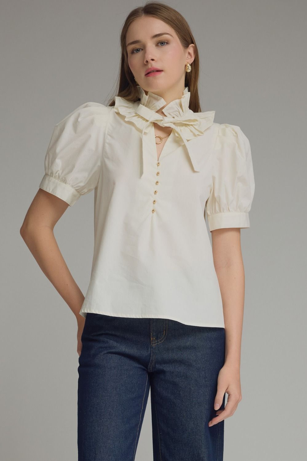 Ruffle Tie Neck Blouse (Cream)