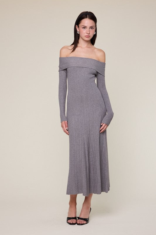 Grey Off-The-Shoulder Ribbed Maxi Dress