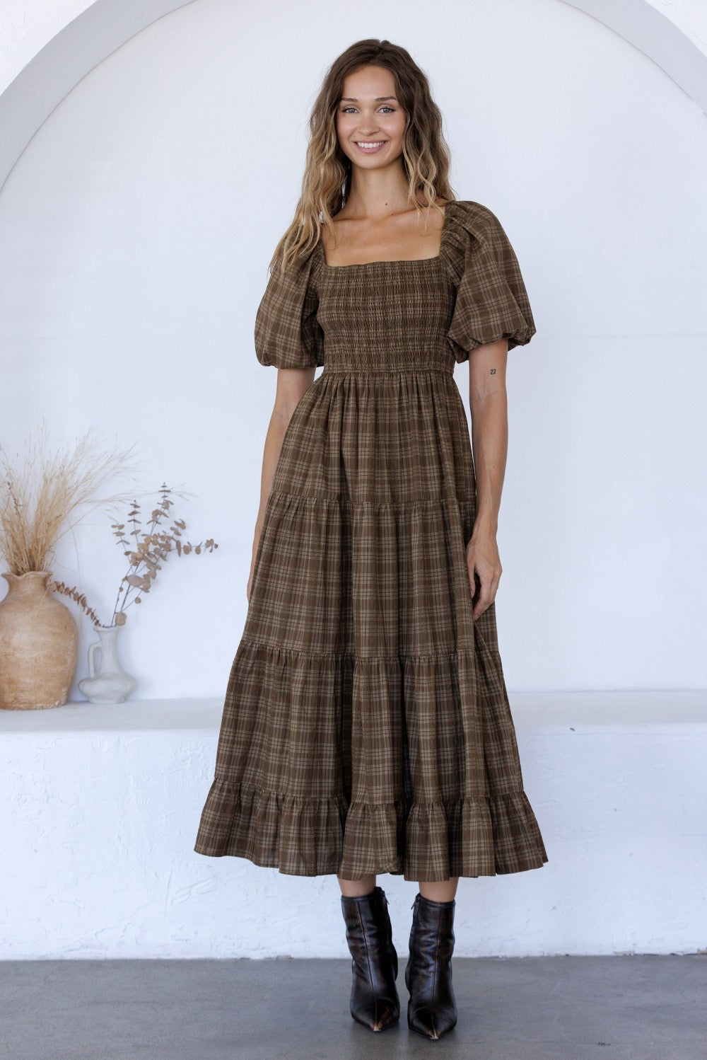 Brown Plaid Smocked Tiered Midi Dress